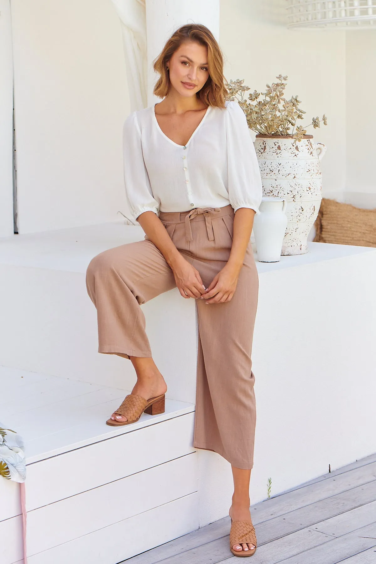 Denver Tie Waist Caramel Linen Pants