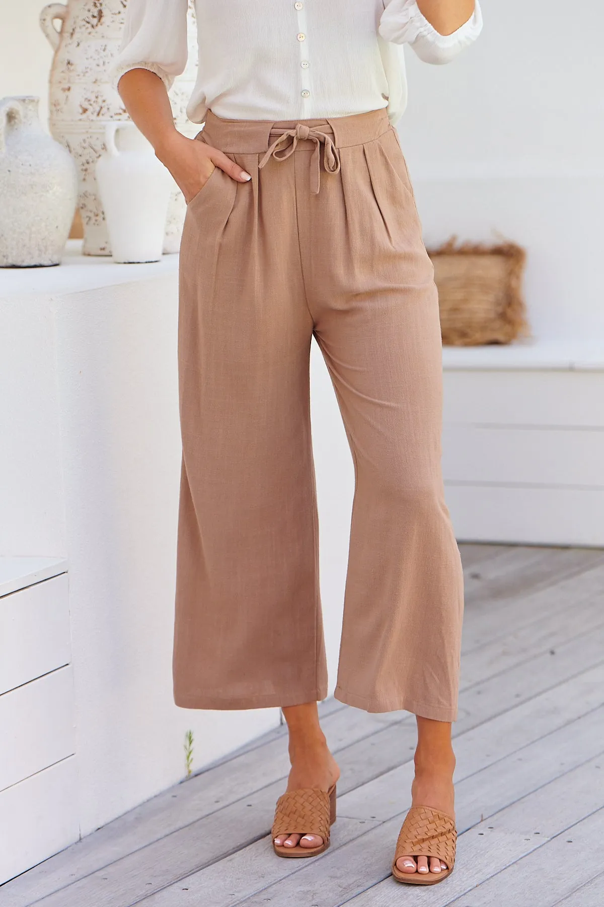 Denver Tie Waist Caramel Linen Pants