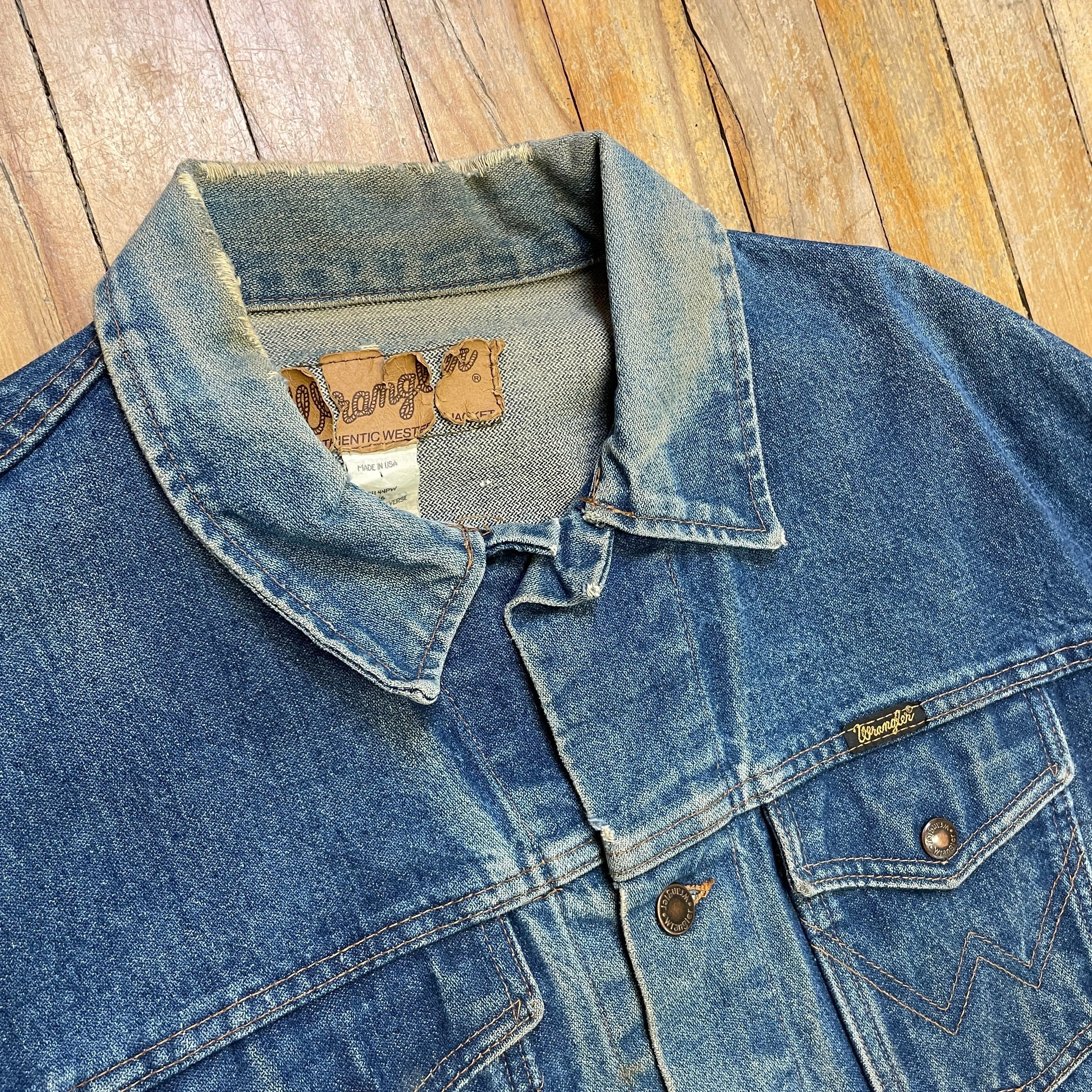 Fabulously Thrashed Vintage Wrangler Denim Trucker Jacket Made in USA Size L