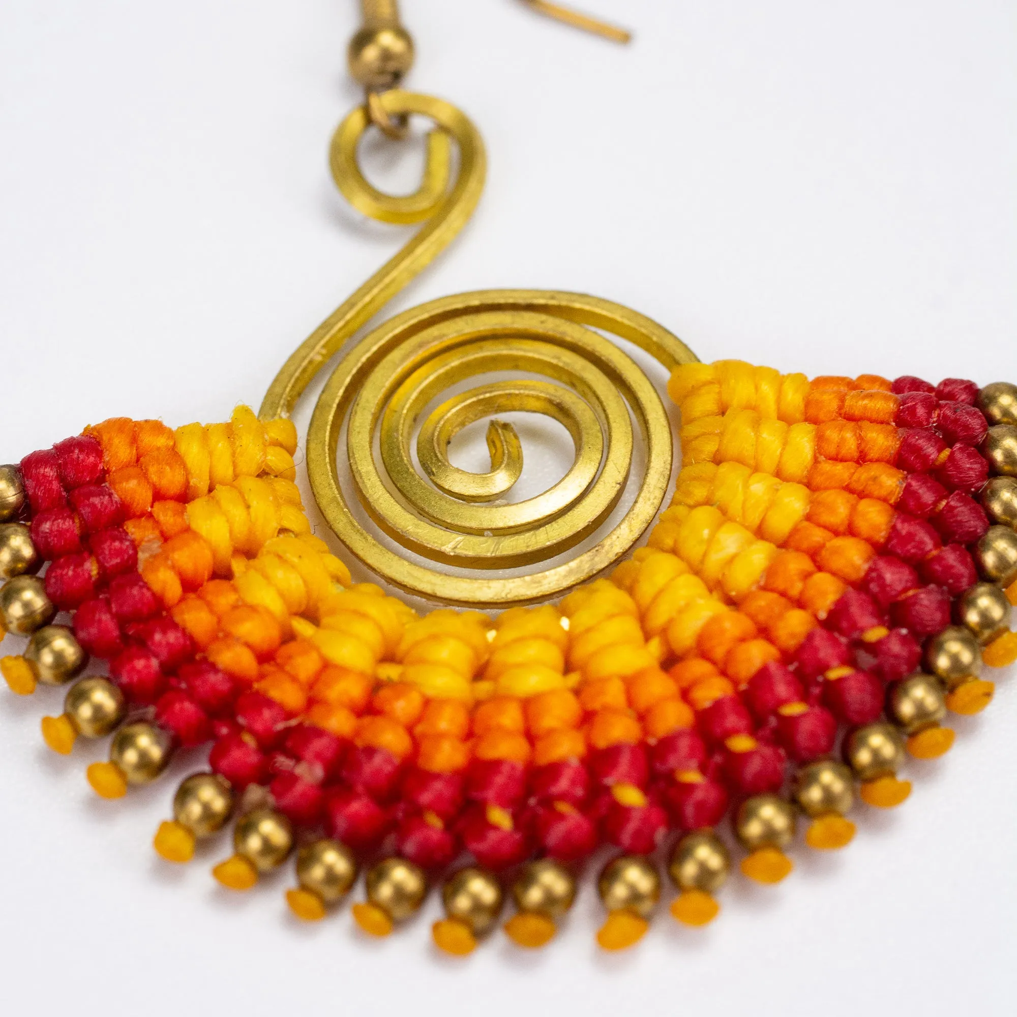 Fan Red Orange Waxed String Spiral Brass Earrings