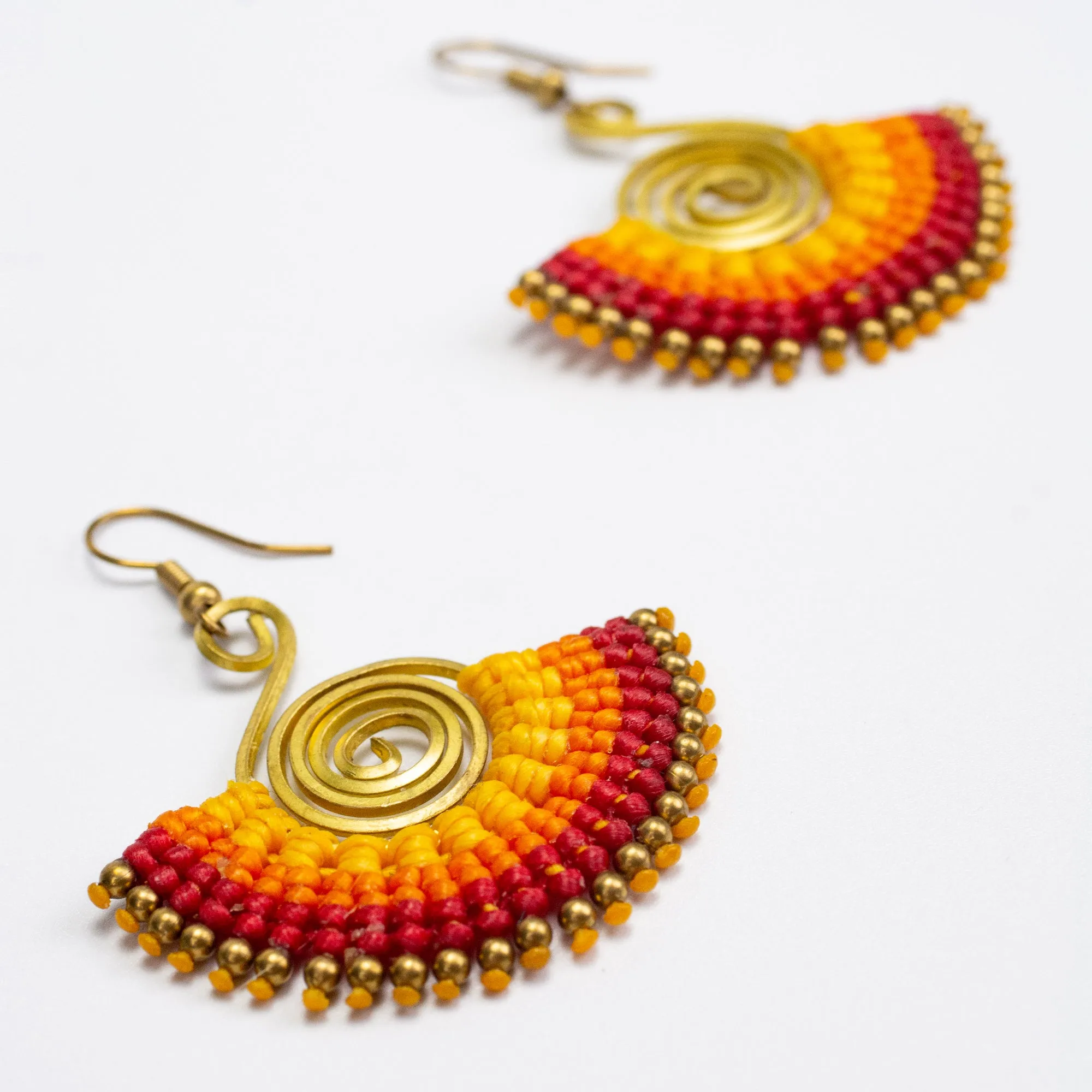 Fan Red Orange Waxed String Spiral Brass Earrings