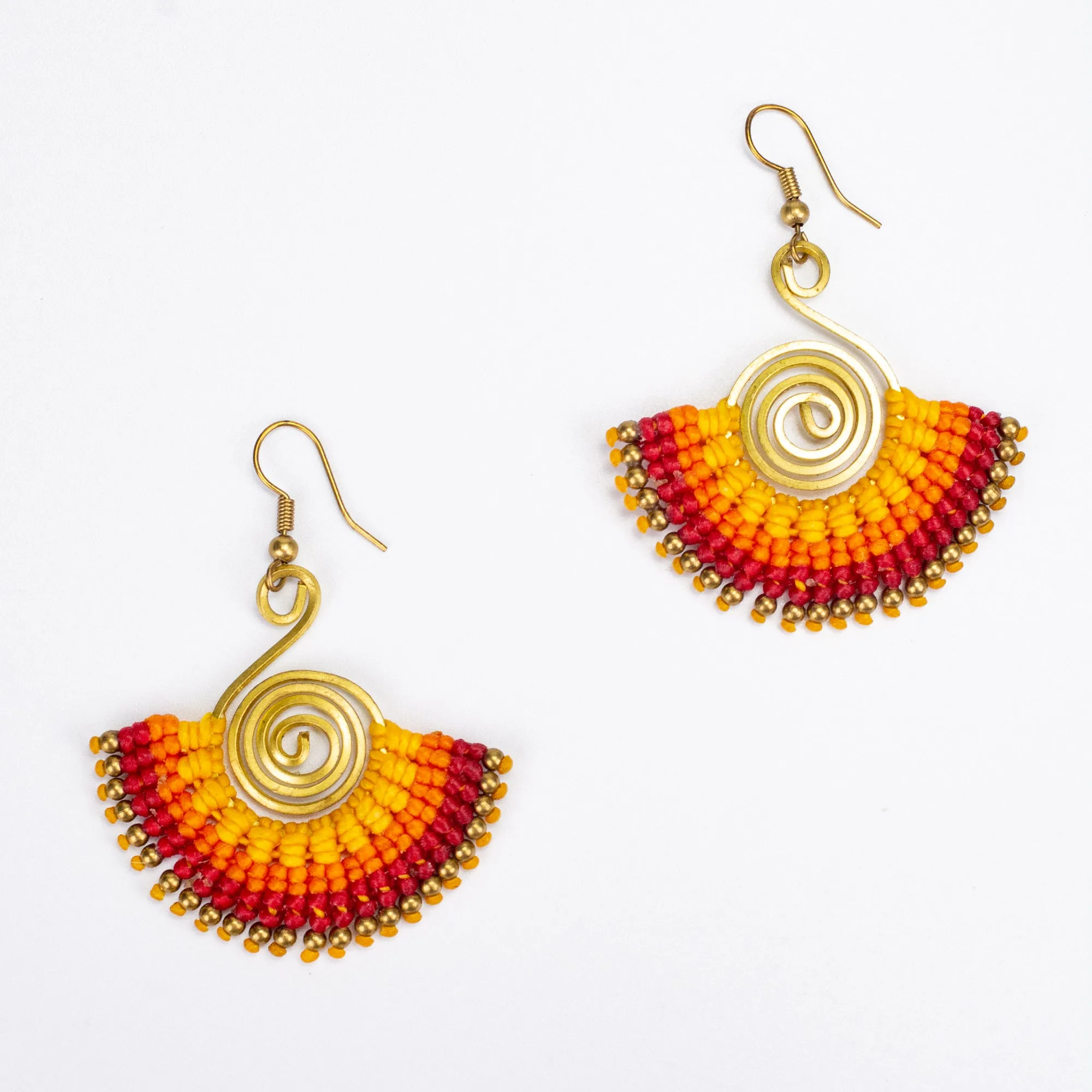 Fan Red Orange Waxed String Spiral Brass Earrings