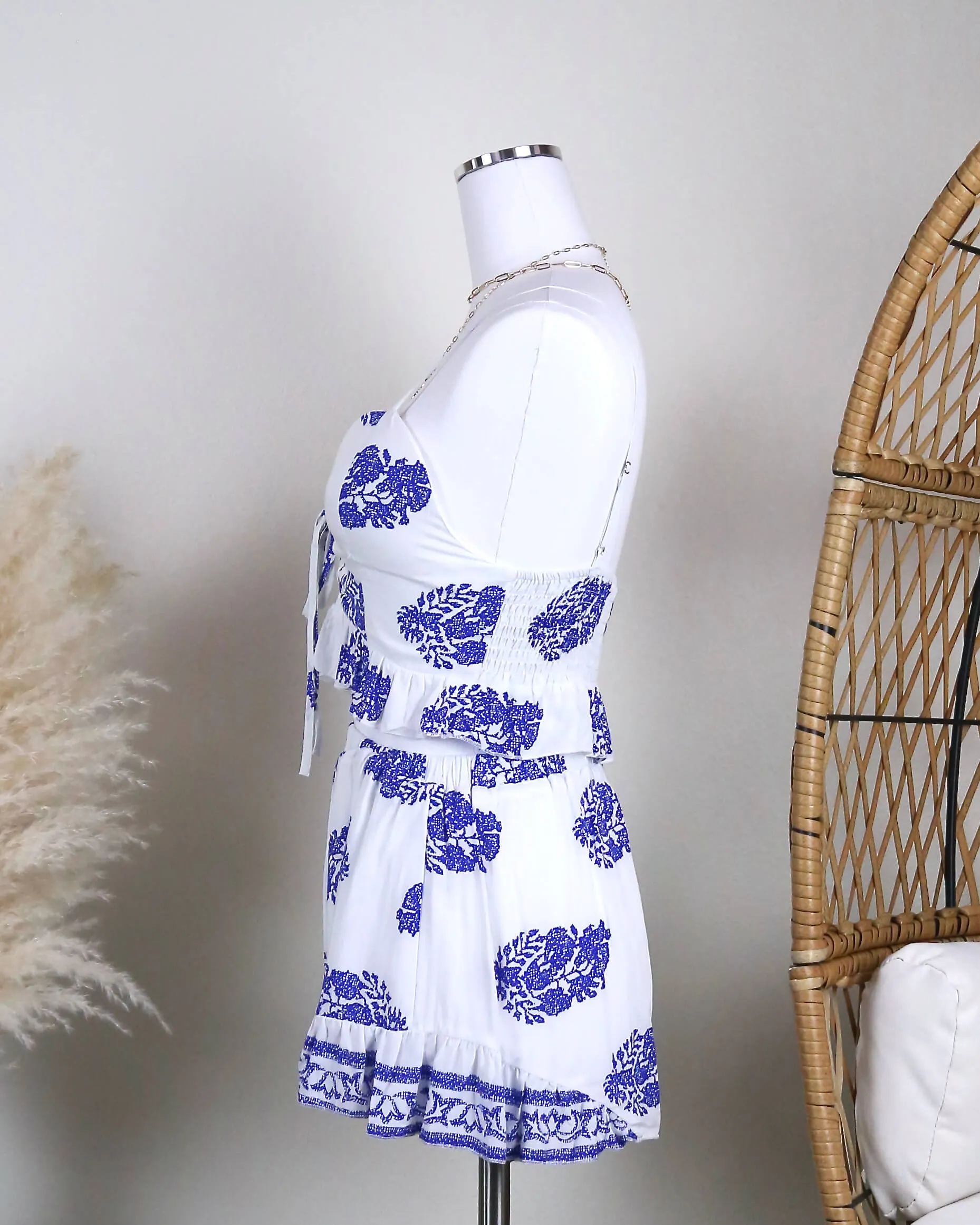 Final Sale - Festival Shop - Boho Print Two Piece Set - White/Blue