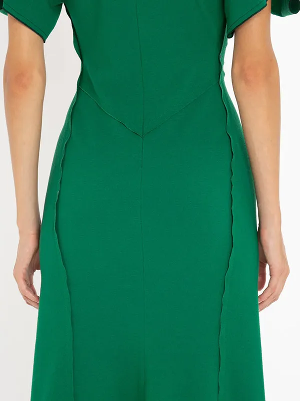 Gathered V-Neck Midi Dress in Viridian