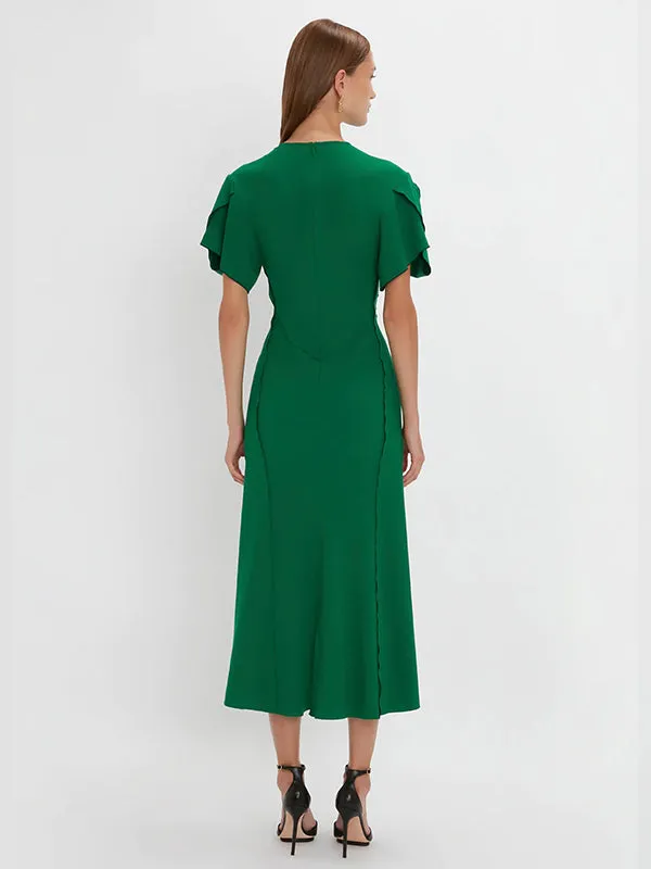 Gathered V-Neck Midi Dress in Viridian