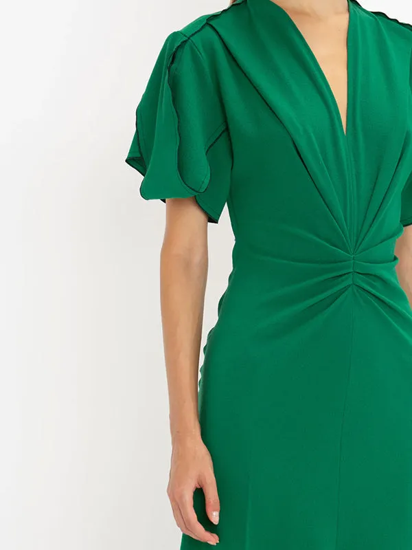 Gathered V-Neck Midi Dress in Viridian