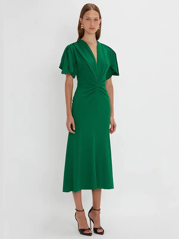 Gathered V-Neck Midi Dress in Viridian