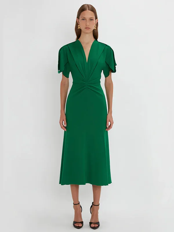 Gathered V-Neck Midi Dress in Viridian