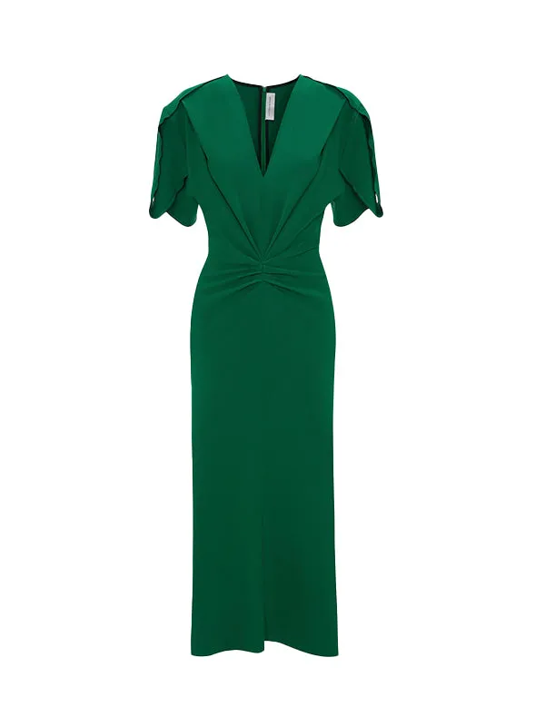 Gathered V-Neck Midi Dress in Viridian