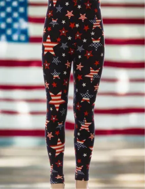 Girls 4th of July Star American Flag Leggings, Kids Yoga Pants, Sizes S/L, No-Roll Waist, Red/White/Blue