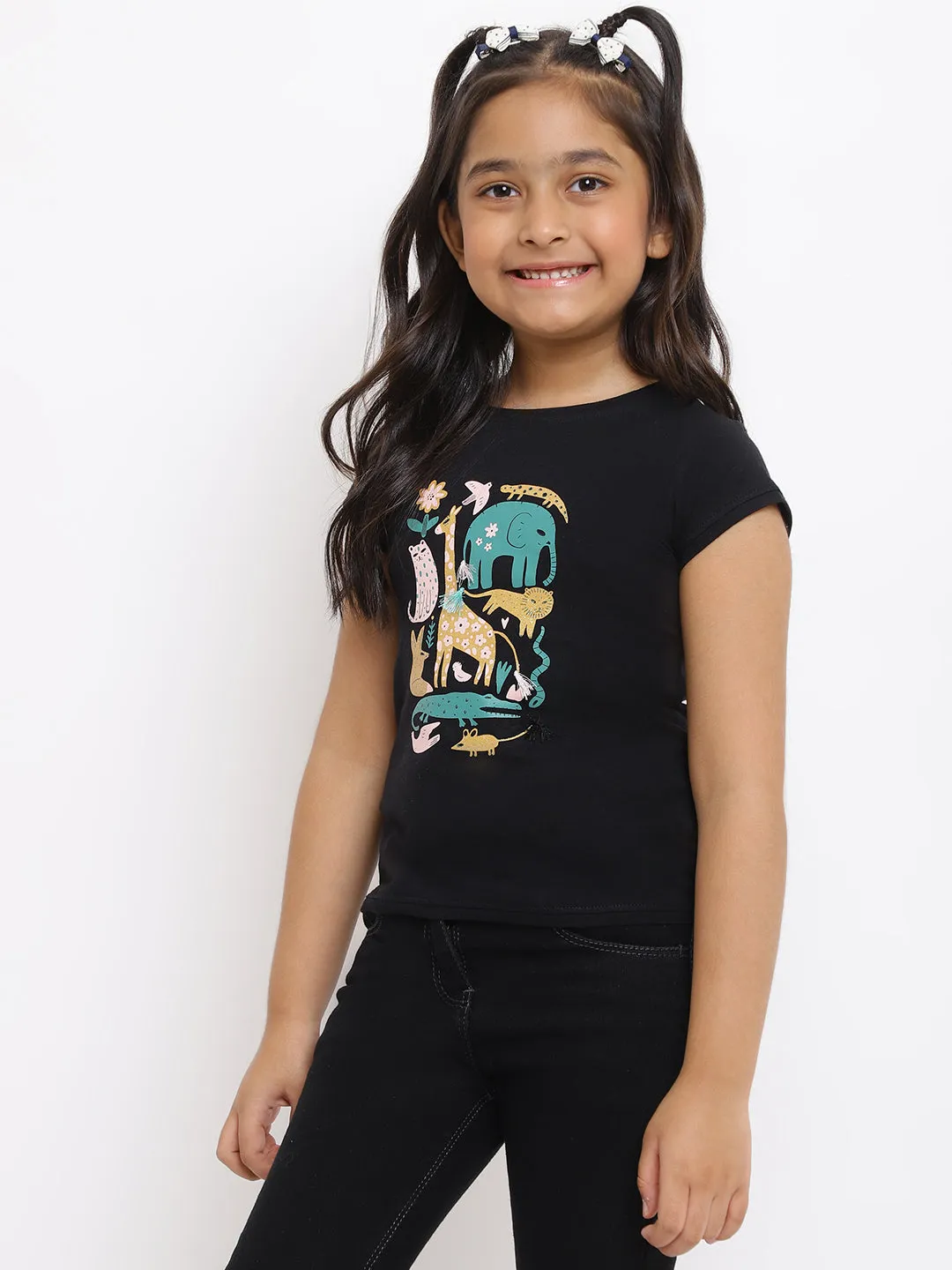 Girls Black Printed Cotton T-shirt