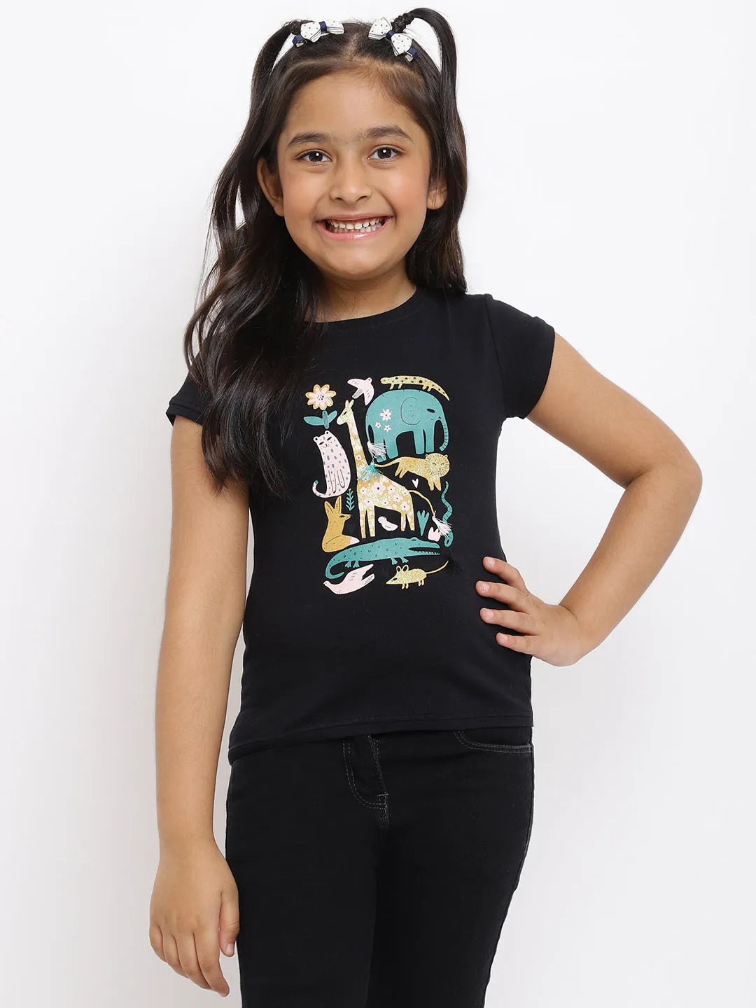 Girls Black Printed Cotton T-shirt