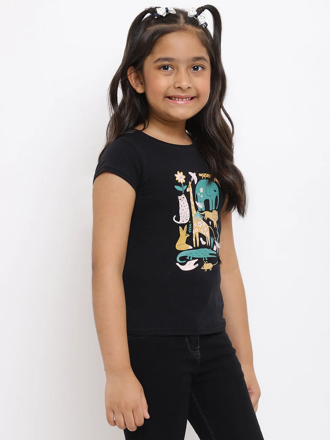 Girls Black Printed Cotton T-shirt