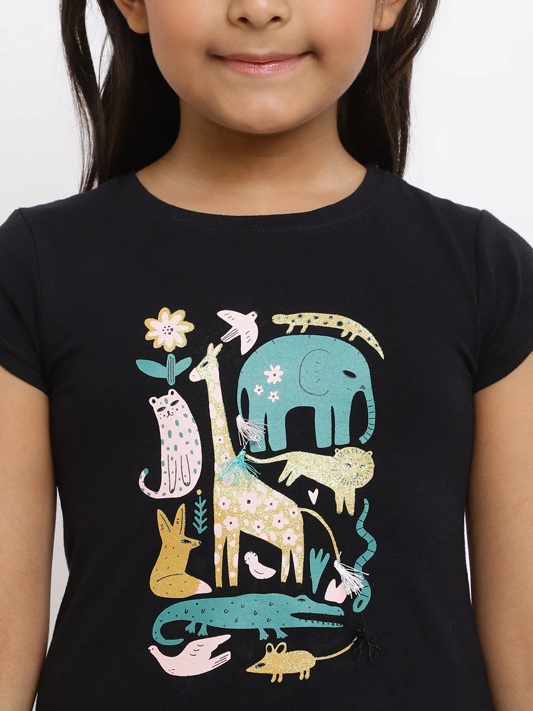 Girls Black Printed Cotton T-shirt