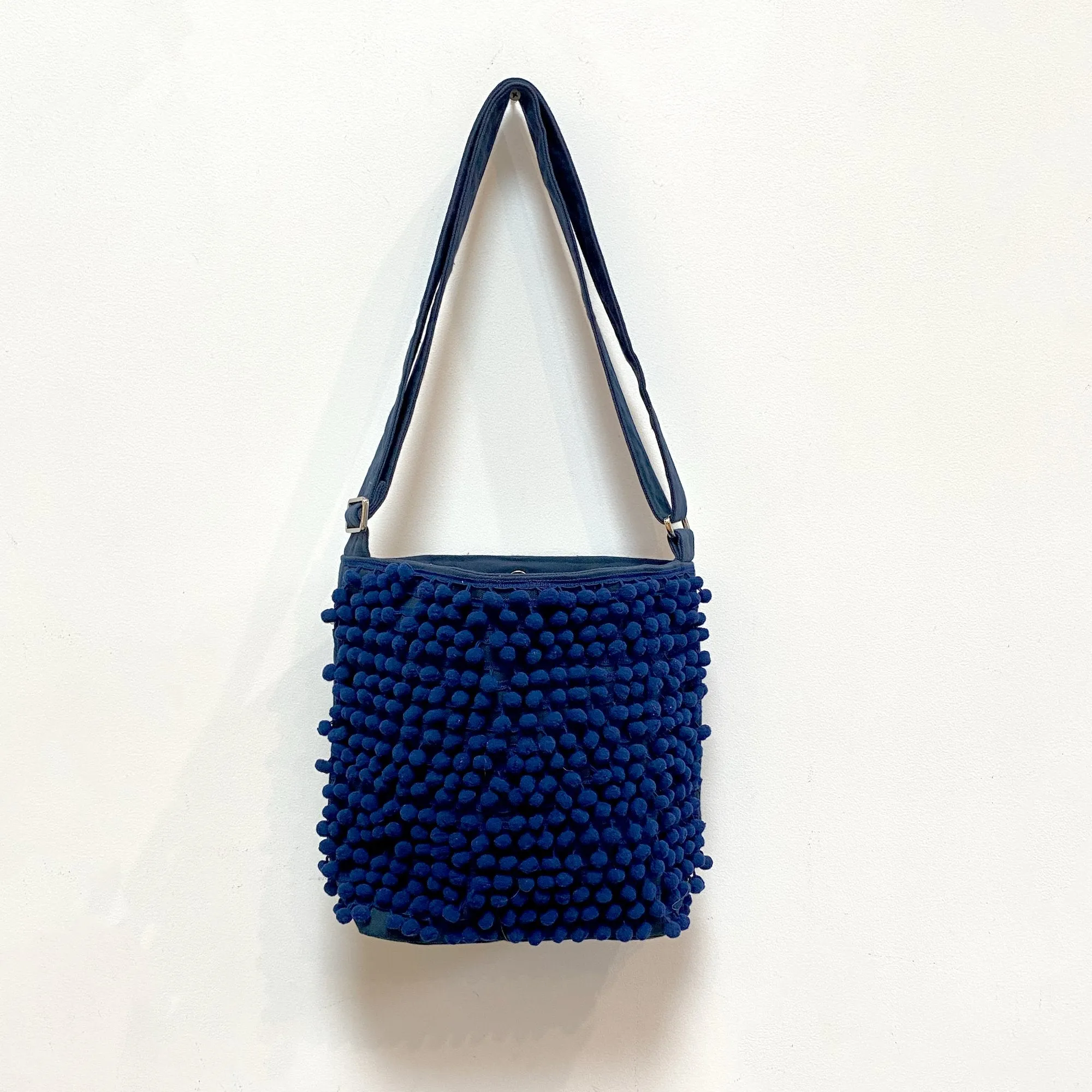 Ha Leh Handmade Pom Pom Crossbody Shoulder Bag in Navy