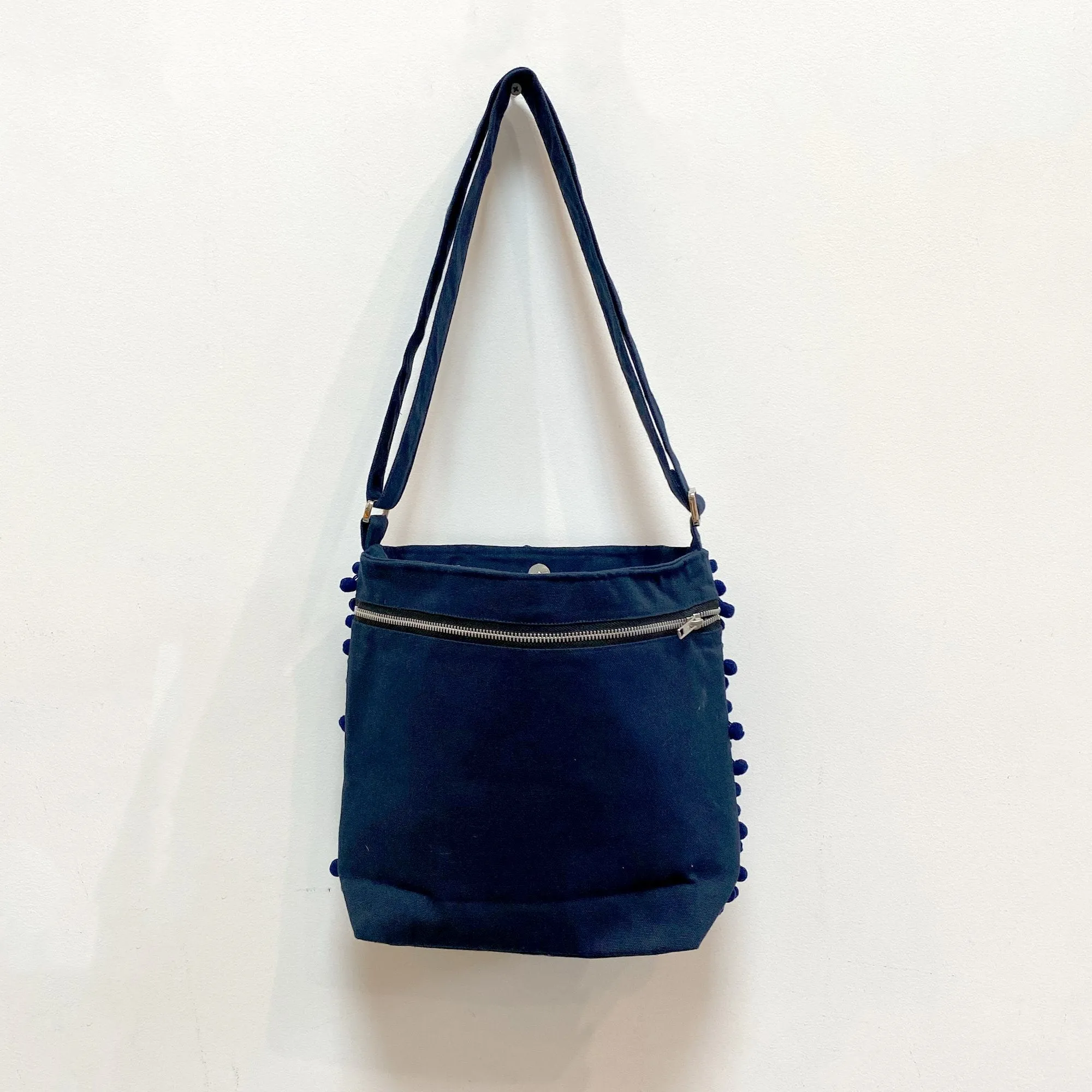 Ha Leh Handmade Pom Pom Crossbody Shoulder Bag in Navy