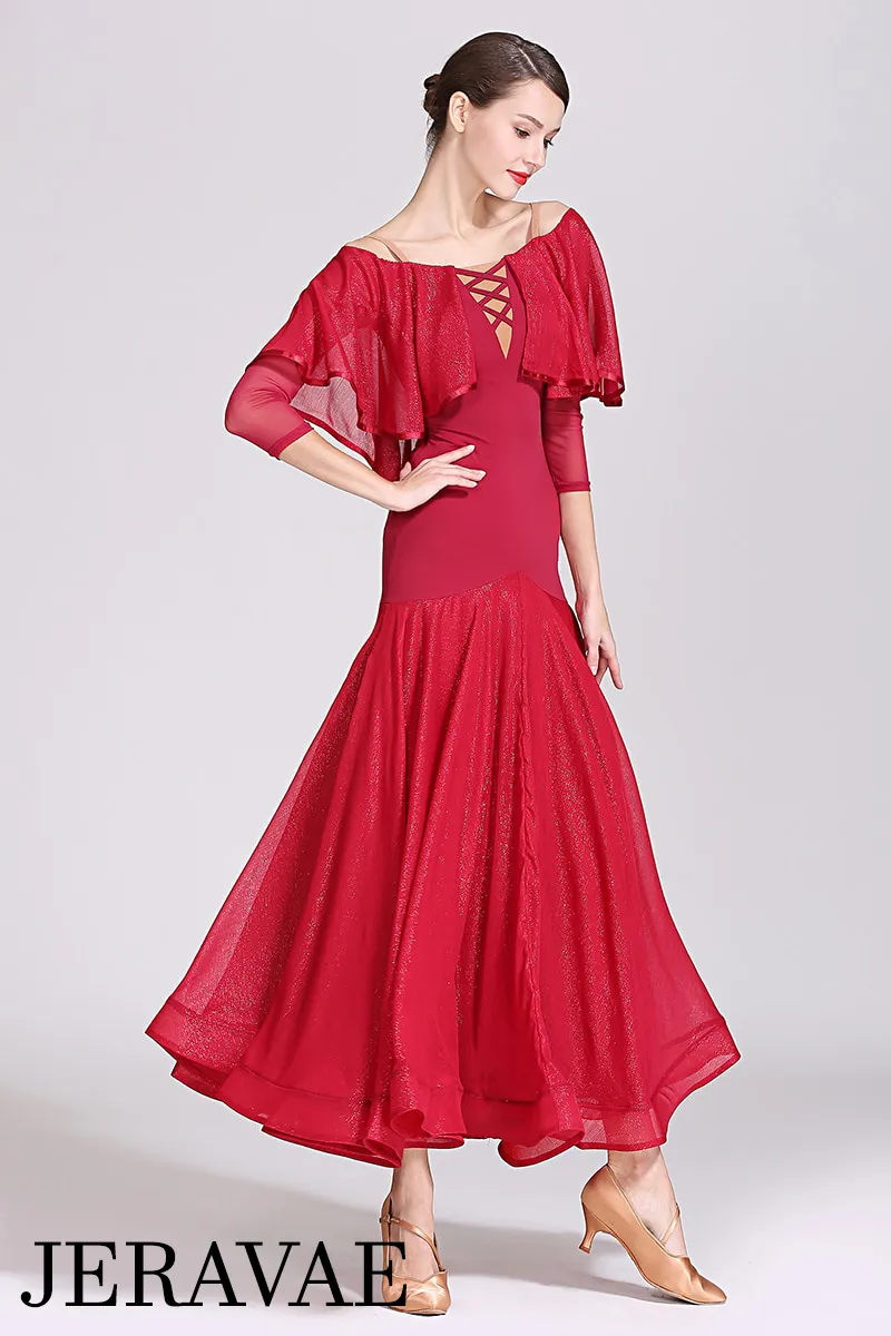 Long Ballroom Practice Dress with Off-the-Shoulder Shimmer Ruffle Floats and Shimmer Skirt Wrapped Horsehair PRA 214