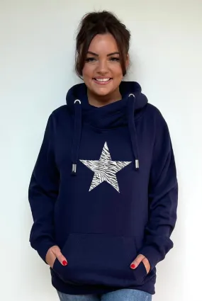 Luxury Cowl Neck Zebra Star Hoodie - Midnight Blue