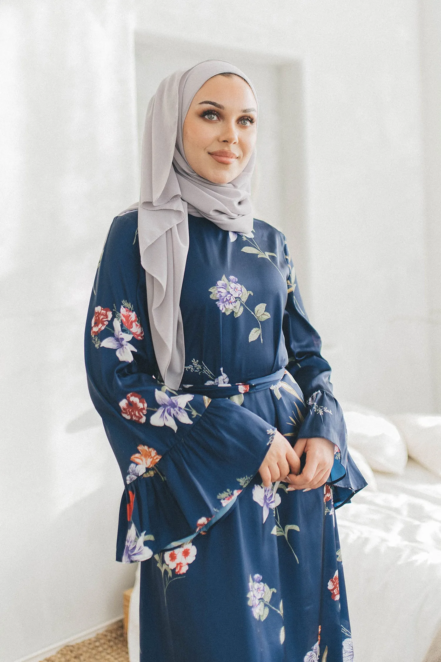 Madison Satin Floral Dress- Navy Blue