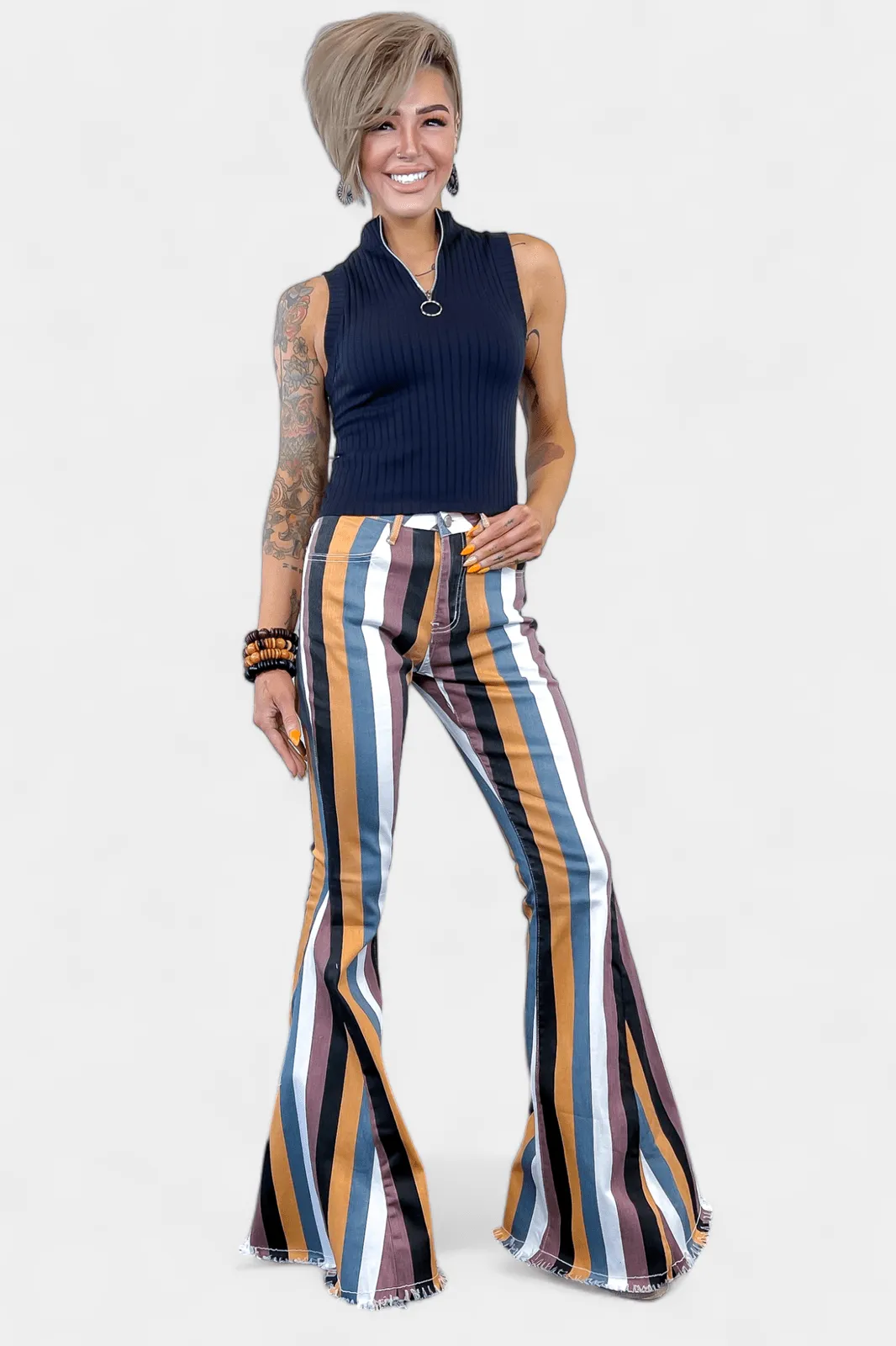 Mustard Multi Stripe Flared Jeans