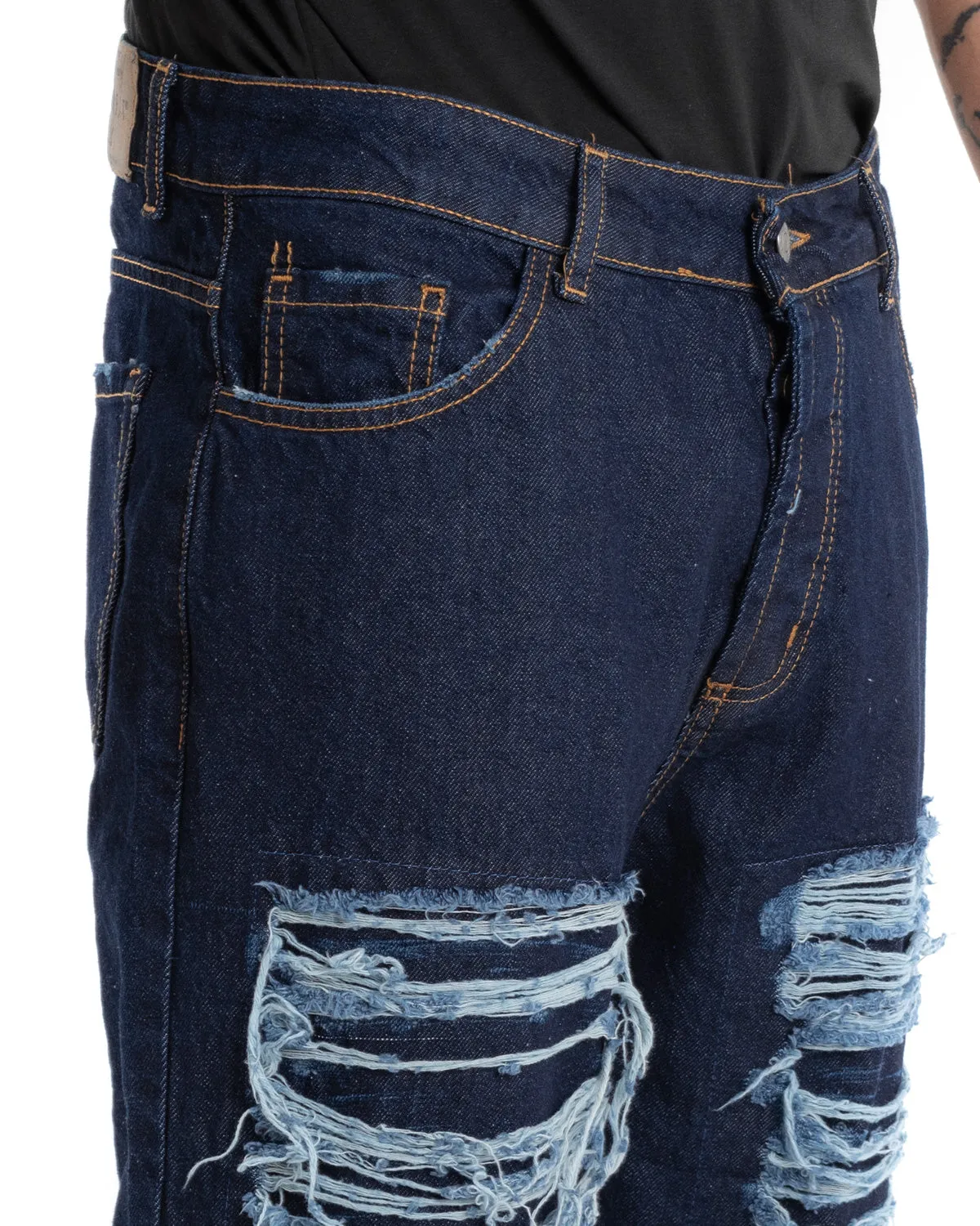 Pantaloni Jeans Uomo Denim Scuro Con Rotture Baggy Ripped Cinque Tasche GIOSAL-P5452A