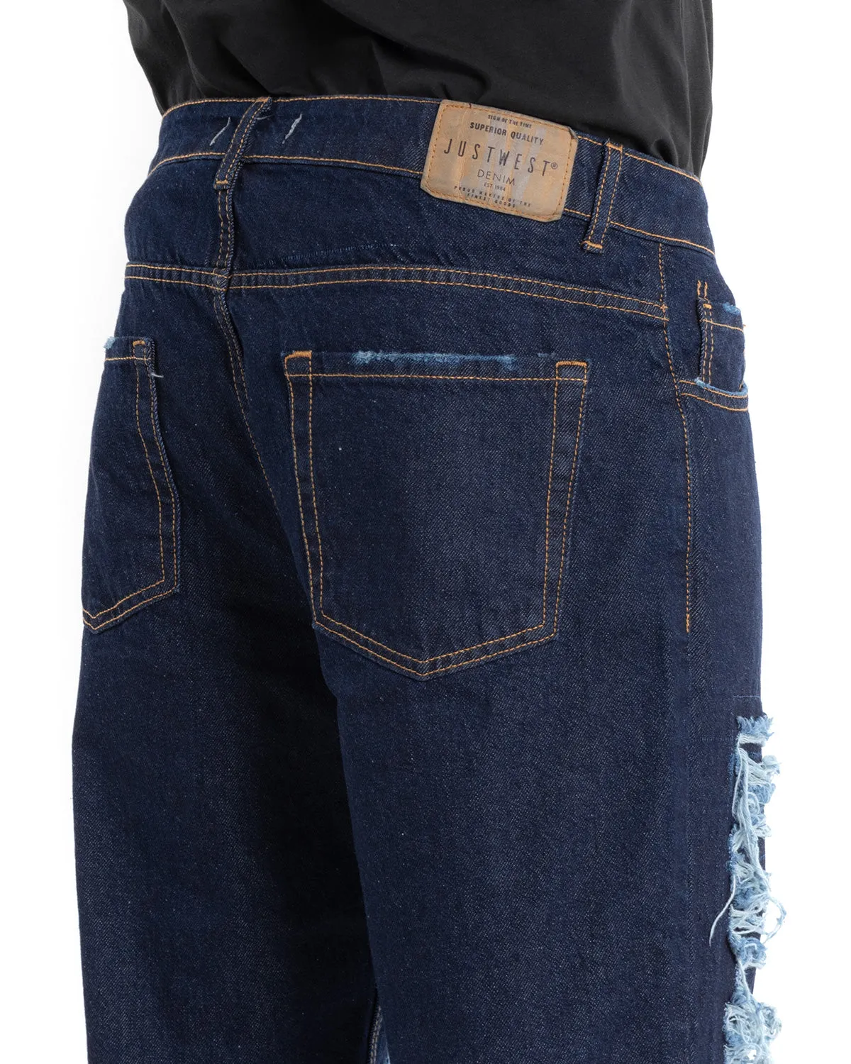 Pantaloni Jeans Uomo Denim Scuro Con Rotture Baggy Ripped Cinque Tasche GIOSAL-P5452A