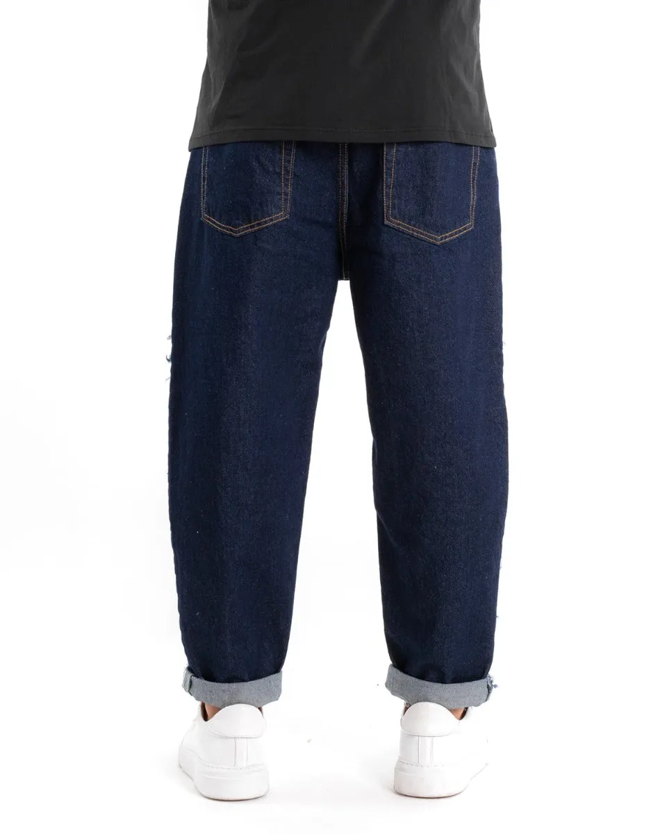 Pantaloni Jeans Uomo Denim Scuro Con Rotture Baggy Ripped Cinque Tasche GIOSAL-P5452A