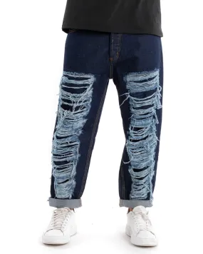 Pantaloni Jeans Uomo Denim Scuro Con Rotture Baggy Ripped Cinque Tasche GIOSAL-P5452A