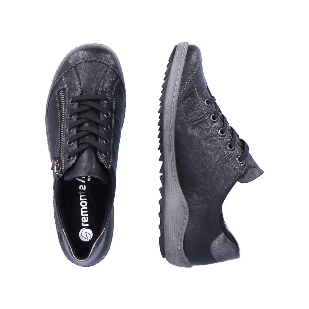 Remonte Ladies Black Leather Lace Up Shoes Water Repellent Zip R1402-06