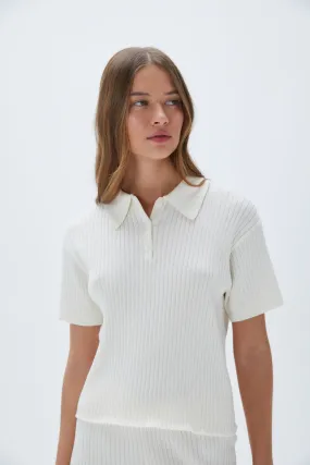 Rib Knit Short Sleeve Polo Top - Marshmallow White