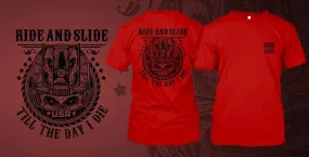 Ride and Slide printed on Red Gildan T-Shirt