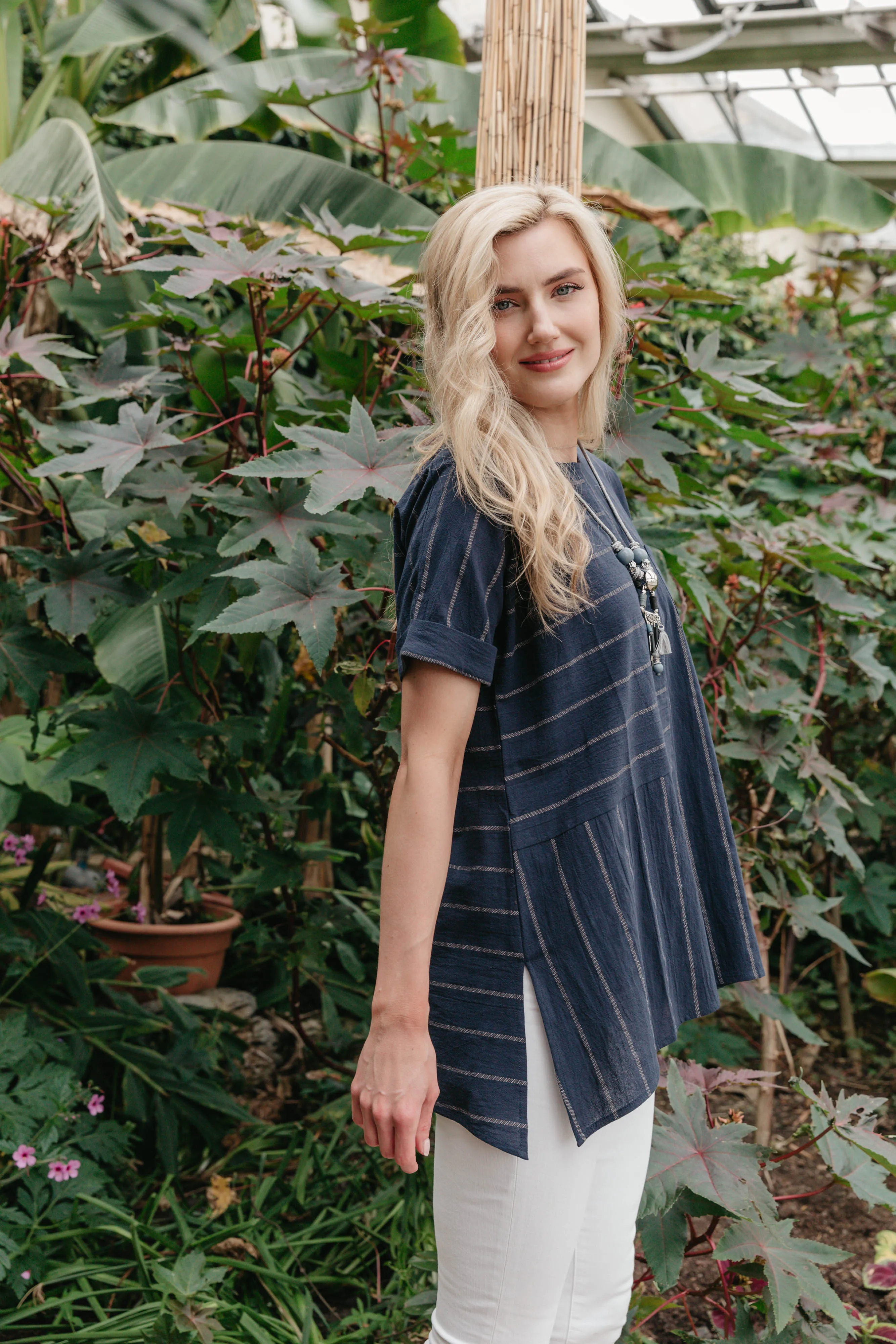 Saloos Striped Panelled Top with Necklace