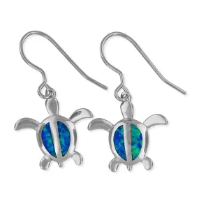 Sterling Silver Synthetic Blue Opal Turtle Dangle Earrings