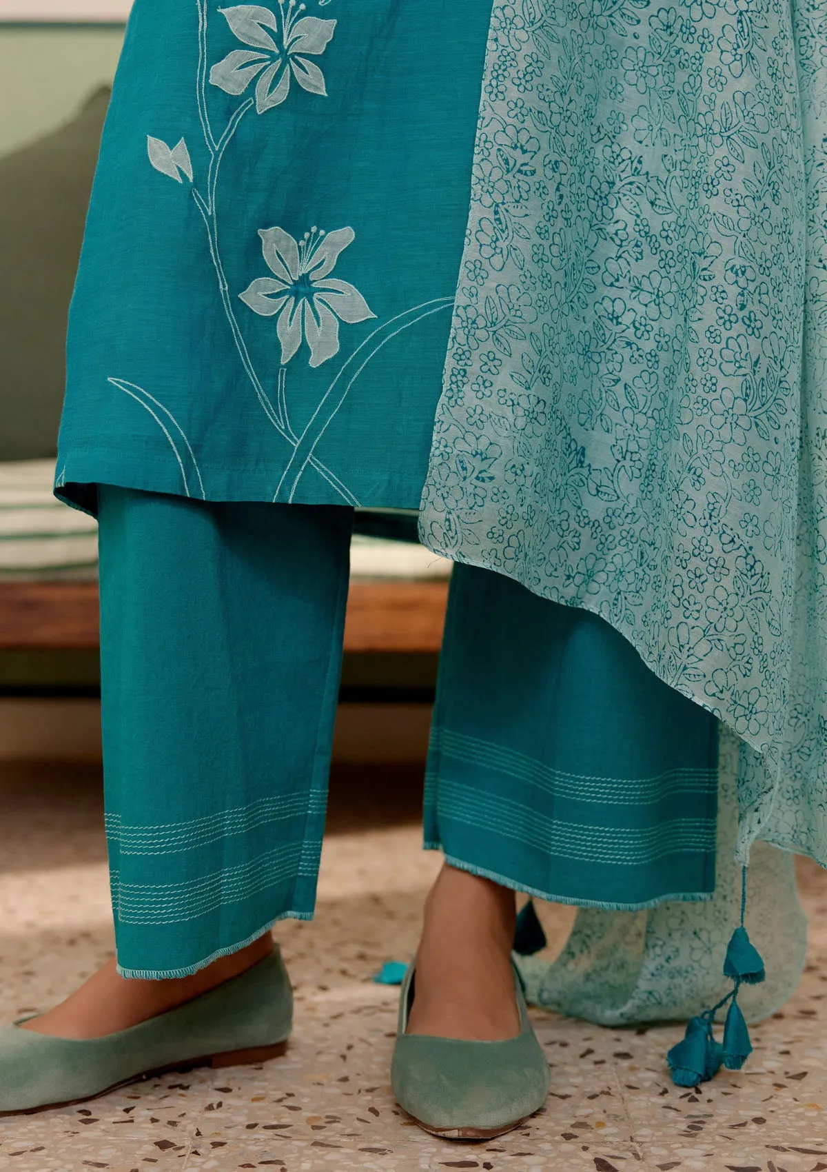 Teal Applique Kurta Set