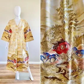 Vintage 1970s John Wolf Stagecoach Novelty Print Maxi Dress / 70s Retro cotton bell sleeve dress / Size S