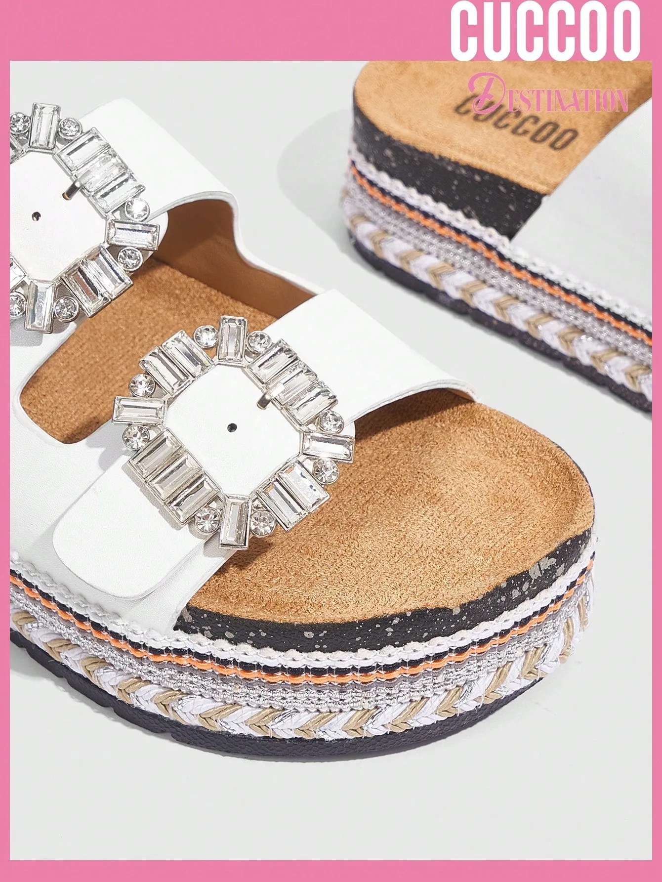 Woman Shoes Comfortable Square Rhinestone Buckle Round Toe Flat/Platform Fashionable Casual Pu Leather White Slippers For Spring And Summer