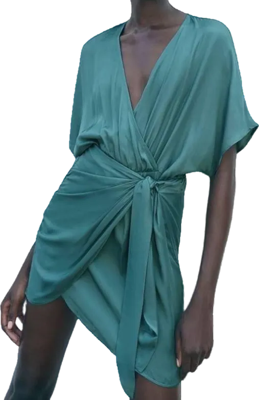 ZARA Green Satin Knot Detail Mini Dress BNWT UK S